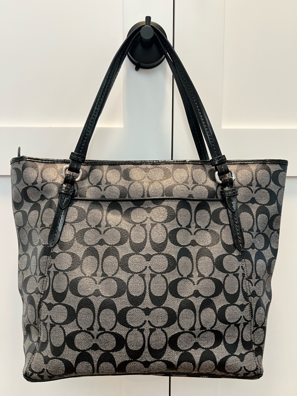 🤍Coach Canvas Coated Tote Bag Black Gray Leather Trim with Hangtag - Picture 2 of 8